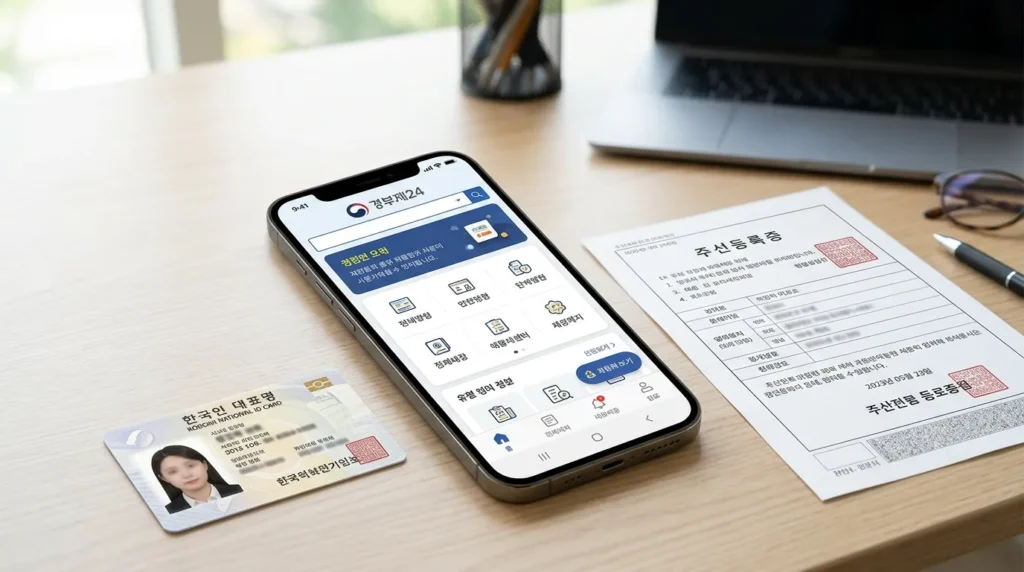 깔끔하게 정리된 책상 위에 놓인 스마트폰 화면에 정부24 앱이 실행되어 있고, 옆에 신분증과 주민등록등본 서류가 가지런히 놓여 있는 모습