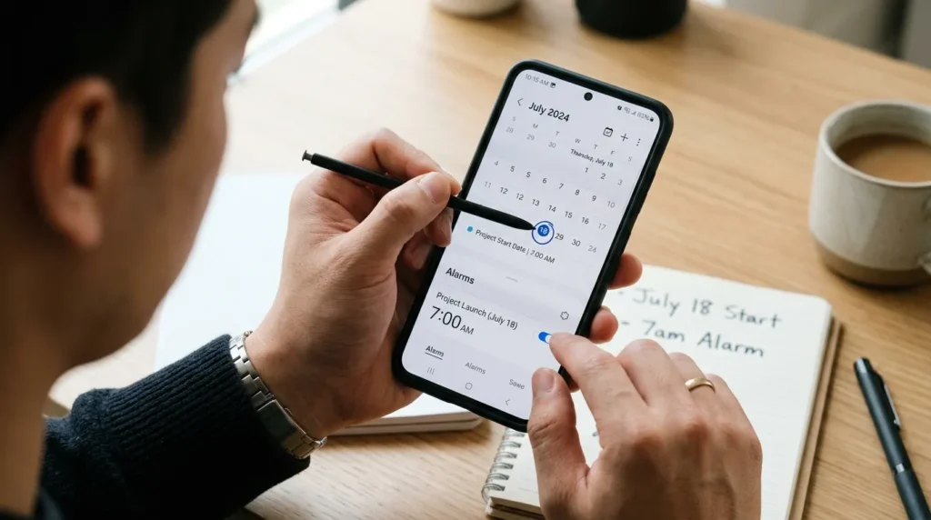 캘린더에 신청 시작일을 동그라미 치고 알람 설정을 하는 한국인 청년의 손과 스마트폰의 근접 촬영 샷, 꼼꼼한 관리의 이미지