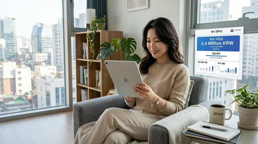깔끔하고 모던한 스튜디오 아파트에 앉아 디지털 태블릿으로 정부 복지 현황판을 보고 있는 한국의 젊은 직장인. 현황판에는 '240만 원'이라는 배너가 표시되어 있다.
