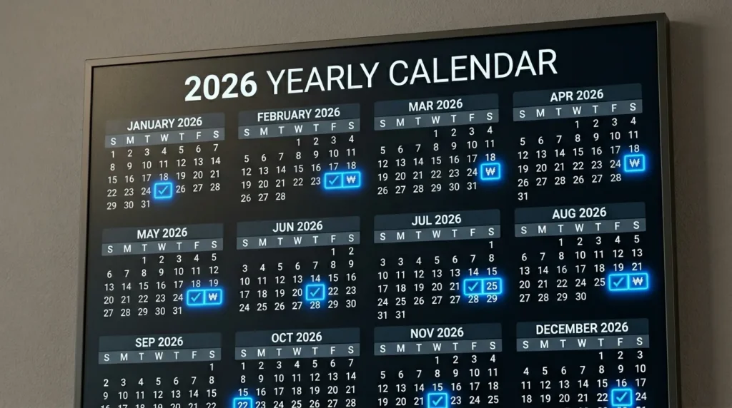 2026년도 디지털 벽걸이 달력의 클로즈업 사진. 각 월의 25일에는 파란색으로 빛나는 체크 표시와 원화 기호가 표시되어 있다.