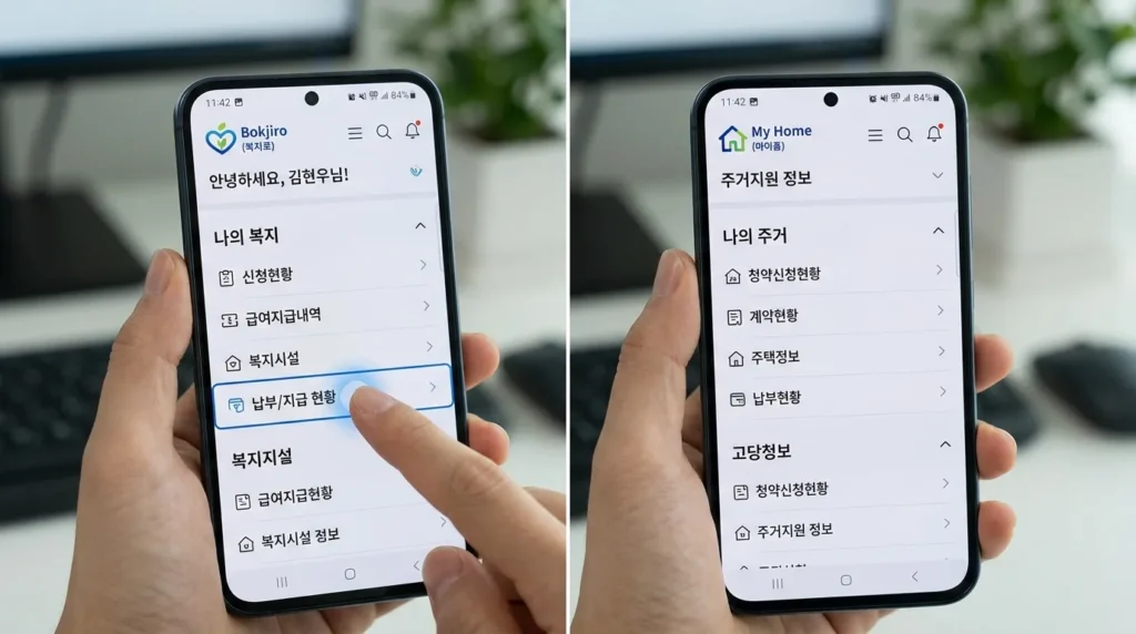 '복지로'와 '마이홈' 포털의 모바일 앱 인터페이스가 분할 화면으로 보여진다. 사용자의 손가락으로 '지급 현황' 메뉴를 클릭하고 있는 모습이 강조되어 있다.