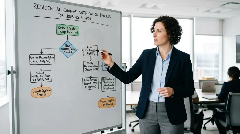 주택 지원을 위한 거주지 변경 신고 절차의 흐름도를 그린 화이트보드 앞에 서 있는 전문 분석가.