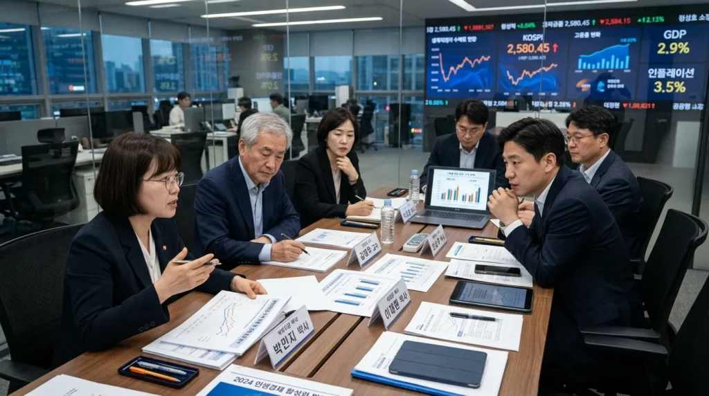 한국인 경제 전문가들이 테이블에 앉아 데이터 차트와 서류를 보며 민생지원금 정책에 대해 심도 깊게 토론하는 모습. 복잡한 경제 지표가 배경으로 희미하게 보인다.