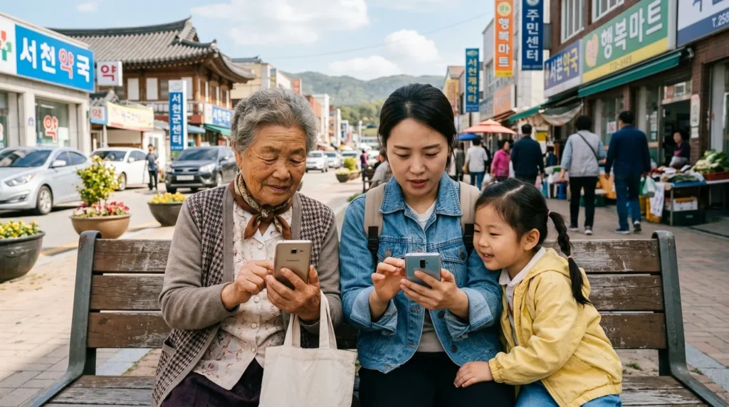 한국인 노인과 한부모 가정이 각각 정부 지원 정보를 스마트폰으로 찾아보고 있는 모습. 그들의 얼굴에는 희망과 궁금증이 교차한다. 배경에는 지방 소도시의 활기찬 풍경이 보인다.