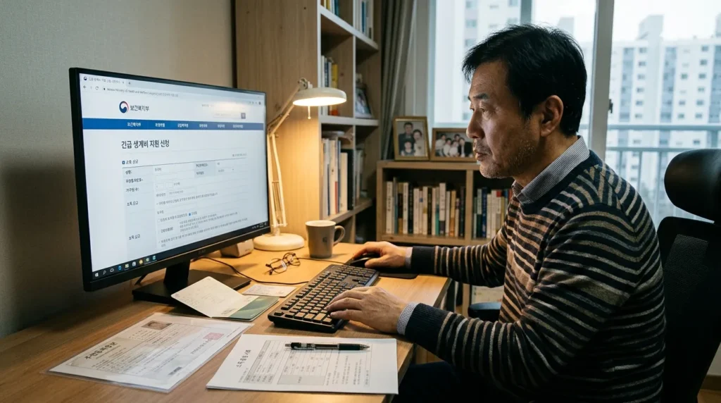 한국인 시민이 컴퓨터 앞에 앉아 정부 웹사이트에서 민생지원금 신청서를 작성하는 모습. 주변에는 필요한 서류들이 정돈되어 있다.