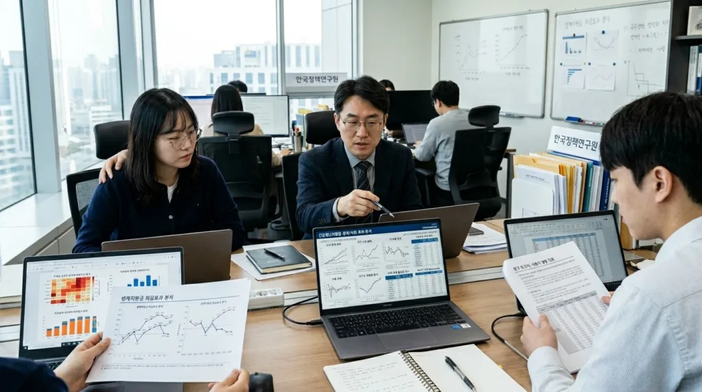 한국인 연구원들이 노트북과 그래프 앞에서 민생지원금 정책의 경제적 효과와 사회적 파급력을 분석하고 있는 모습. 복잡한 통계 데이터가 화면에 가득하다.