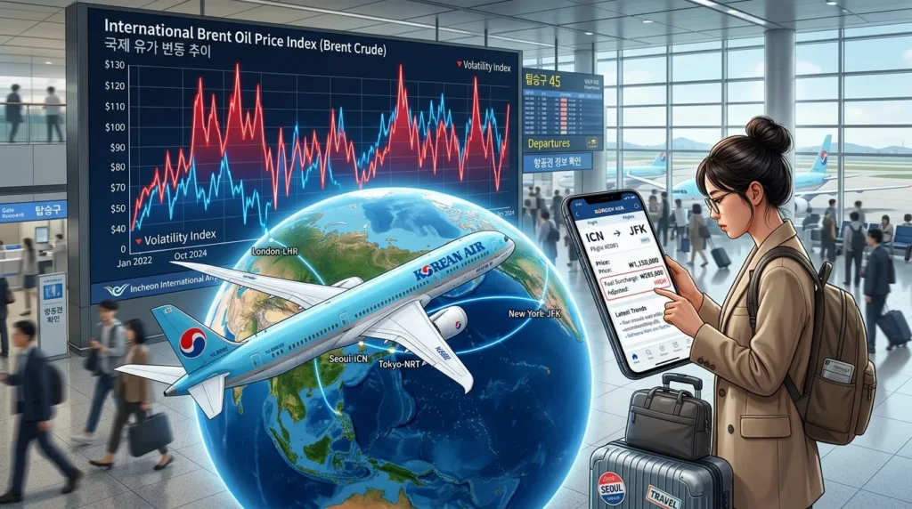 항공권 유류할증료의 본질과 최신 동향 이해하기 - 지구본 위에 비행기가 날아가고 있으며, 유가 그래프가 상승과 하락을 반복하는 모습, 그리고 한국인 여행객이 스마트폰으로 항공권 정보를 확인하는 모습. 전체적으로 국제 유가와 항공료 변동성을 상징하는 복합적인 이미지.