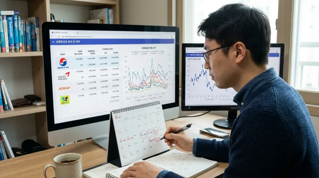유류할증료 변동성 예측 및 활용 전략 - 한국인 여행객이 컴퓨터 화면에서 다양한 항공사 로고와 유류할증료 그래프를 비교 분석하고, 달력에 여행 계획을 표시하는 모습. 옆에는 유가 시세 차트가 흐릿하게 보인다.