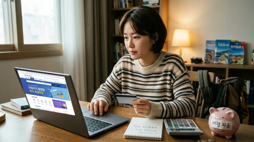유류할증료 부담 최소화를 위한 실질적인 팁 - 한국인 여행객이 노트북과 신용카드를 들고 앉아 마일리지 앱이나 항공권 할인 프로모션을 검색하는 모습. 계산기와 절약 저금통이 옆에 놓여 있다.