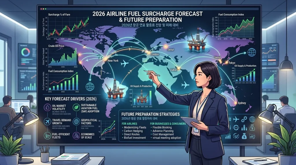 2026년 항공권 유류할증료 전망과 미래 대비 - 세계 지도 위에 비행기 항로가 그려져 있고, 금융 시장의 주식 차트와 석유 시추 시설 이미지가 겹쳐져 미래 경제 상황을 암시한다. 한국인 전문가가 이를 분석하는 모습.