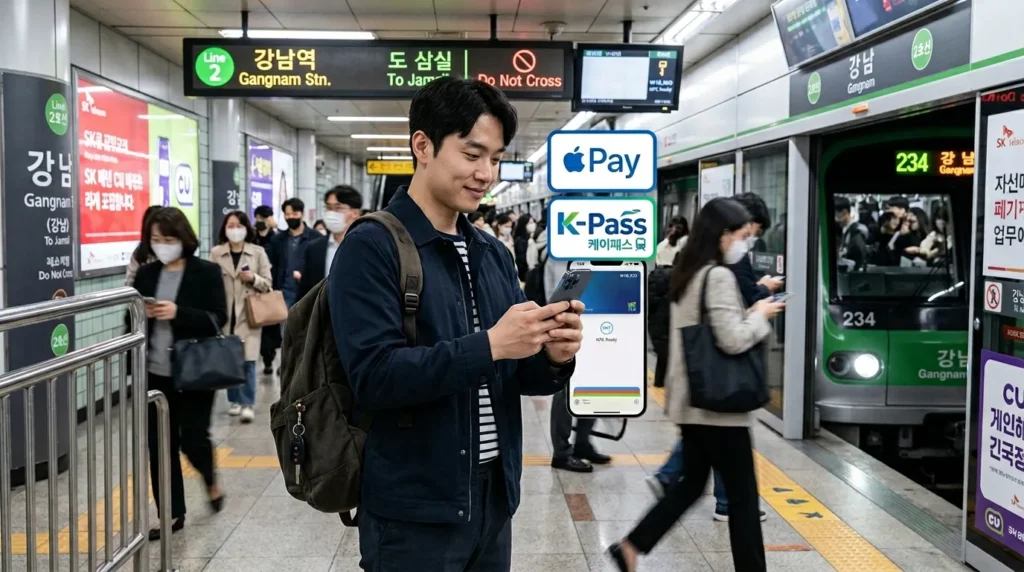 한 한국인이 바쁜 지하철 역 플랫폼에서 스마트폰을 들고 있는 모습. 그의 스마트폰 화면에는 애플페이 로고와 K-패스 로고가 합성되어 비춰지고 있다. 주변에는 다른 한국인 승객들이 이동하고 있으며, 배경은 현대적인 지하철 역사이다.