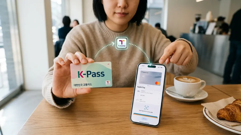 한국인이 자신의 K-패스 카드를 들고 있고, 옆에 놓인 아이폰 화면에 애플페이 결제 화면이 보이는 모습. 손가락이 아이폰 화면을 가리키고 있으며, 두 서비스가 간접적으로 연결될 수 있음을 시사하는 시각적 메타포를 담고 있다. 배경은 깔끔한 카페 테이블이다.