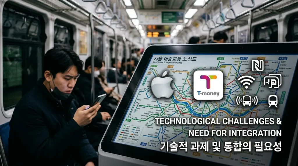 복잡한 도시의 대중교통 노선도와 여러 개의 연결되지 않은 아이콘(애플 로고, 티머니 로고 등)이 중앙에 배치되어 있고, 한 한국인이 스마트폰을 보며 고민하는 모습이 흐릿하게 배경에 나타나 있다. 기술적 난관과 통합의 필요성을 상징하는 이미지이다.