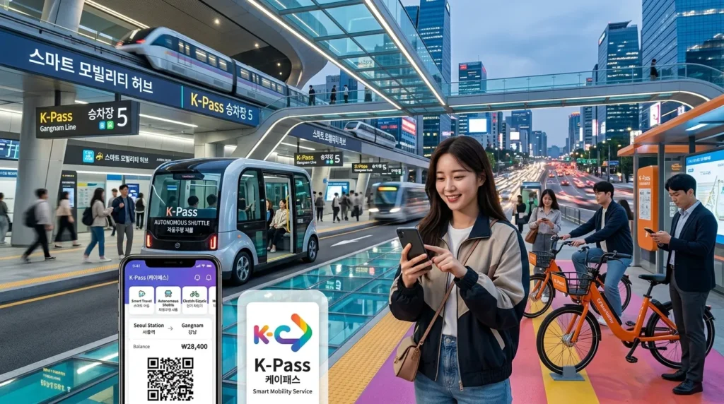 미래 도시의 스마트 교통 허브를 배경으로, 한국인들이 다양한 모빌리티 수단(자율주행 셔틀, 전기 자전거 등)과 연동된 스마트폰 앱을 활용하는 모습. K-패스 앱이 화면에 크게 부각되어 있으며, 간편하고 효율적인 이동을 상징한다.