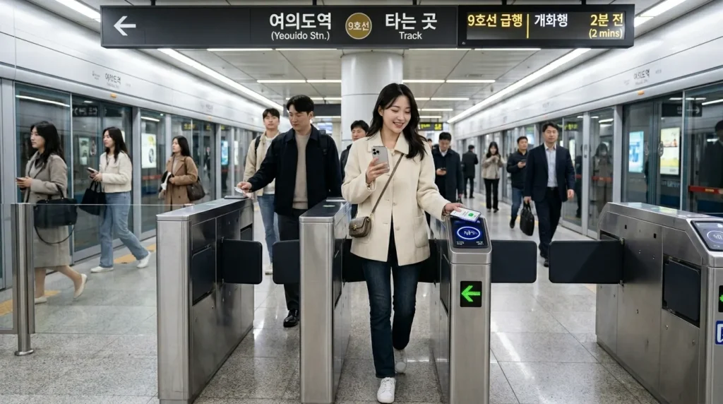 2026년 한국 서울의 지하철역 승강장에서, 한 한국인 여성이 아이폰을 사용하여 개찰구를 통과하는 모습. 스마트폰 화면에는 애플페이 교통카드 결제 완료 메시지가 띄워져 있으며, 주변의 다른 한국인 승객들도 자연스럽게 이동하는 모습. 도시는 현대적이고 깔끔한 느낌을 준다.