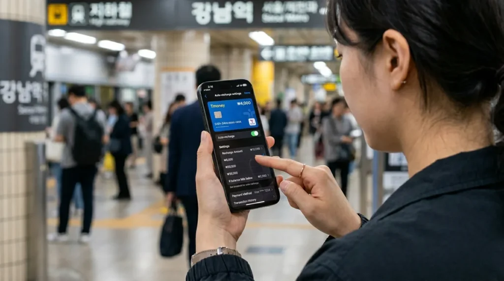 한국인이 자신의 아이폰 잠금 해제 후 애플 월렛 앱을 실행하고, 교통카드 섹션에서 '자동 충전 설정' 옵션을 선택하는 손가락이 화면을 가리키는 클로즈업 이미지. 화면에는 잔액 부족 시 자동으로 일정 금액이 충전되도록 설정하는 UI가 명확하게 보인다.