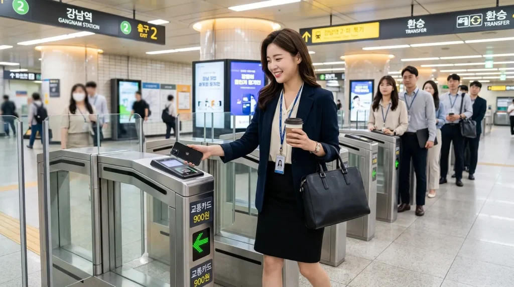 쾌적하고 깔끔한 한국 서울의 지하철 개찰구를 한 한국인 직장인이 스마트폰(아이폰)으로 스캔하여 빠르게 통과하고 있는 모습. 배경에는 다른 사람들이 줄 서 있는 모습이 보이지만, 주인공은 여유롭게 지나간다. 밝고 긍정적인 분위기.