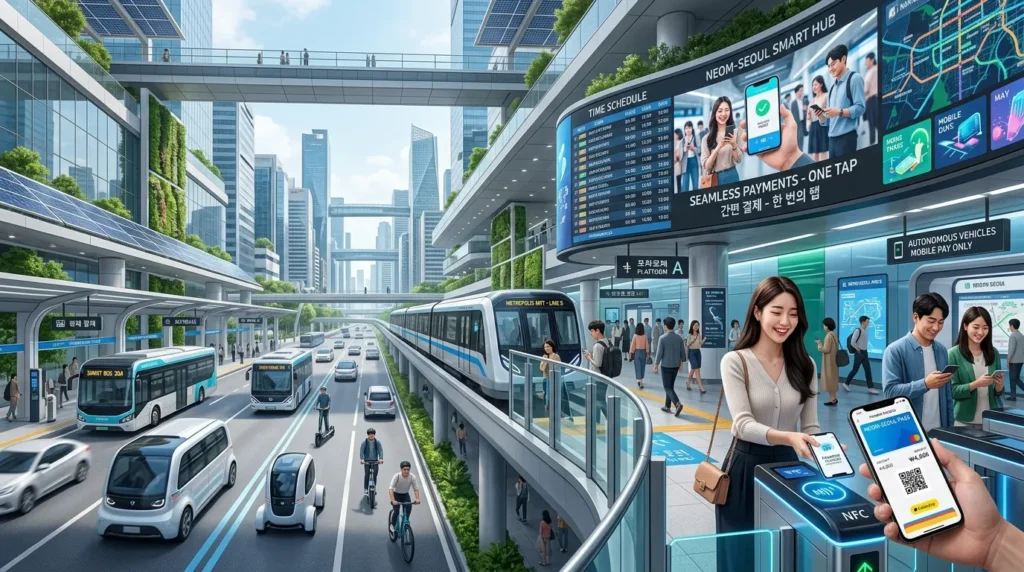 2026년 이후의 미래 한국 스마트 시티의 대중교통 허브를 상상한 모습. 여러 대의 자율주행 버스, 지하철, 그리고 개인 모빌리티가 조화롭게 움직이며, 모든 결제가 모바일 기기(아이폰 포함)로 seamlessly 이루어지는 광경. 화면에는 빛나는 디지털 결제 인터페이스와 편리함을 보여주는 한국인들의 모습이 담겨 있다.