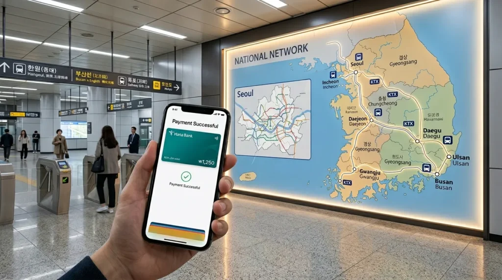 다양한 교통수단 아이콘(버스, 지하철)이 조명으로 표시된 한국 지도와 애플 페이 인터페이스가 켜진 아이폰이 한국 사람의 손에 들려 있는 모습은 원활한 거래를 상징합니다.