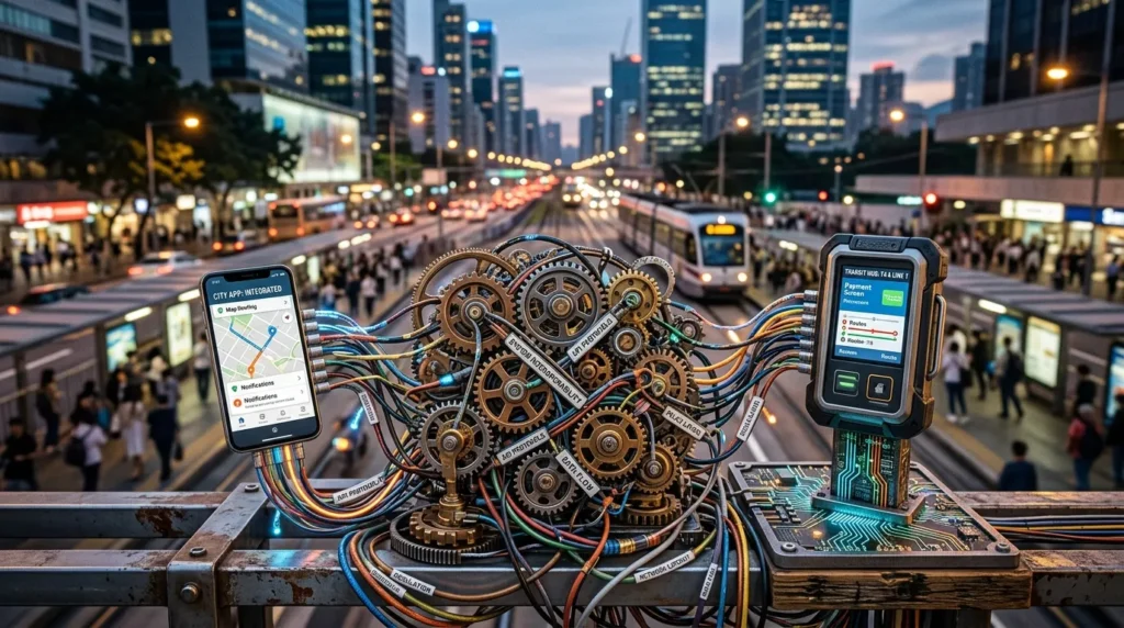 다양한 스마트 기기(휴대폰, 교통 단말기)를 연결하는 복잡한 톱니바퀴와 전선 네트워크가 번잡한 도시의 흐릿한 배경과 어우러져, 원활한 통합을 달성하는 데 있어 기술적, 정책적 과제를 상징합니다.