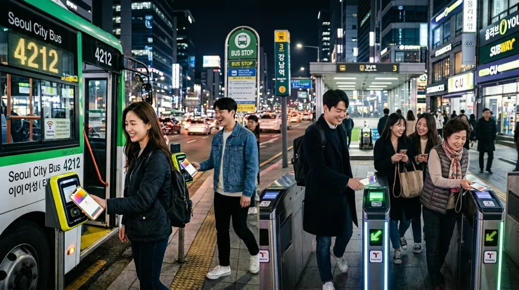 다양한 한국 사람들이 아이폰을 사용하여 버스에 탑승하고 지하철 개찰구를 통과하는 모습이 밝고 현대적인 도시의 불빛을 배경으로 펼쳐집니다. 이 장면은 편리함과 효율성을 강조합니다.