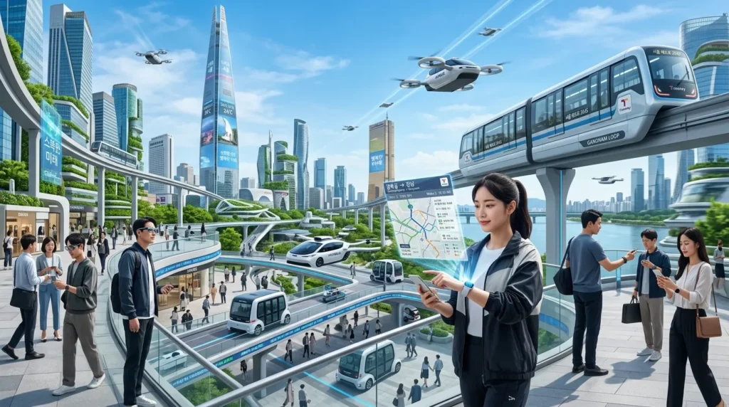 맑은 푸른 하늘 아래, 사람들이 원활한 교통 이용을 포함한 일상생활의 모든 면에서 스마트 기기를 손쉽게 사용하는 미래의 한국 도시를 묘사한 비전적인 이미지입니다. 현대적인 건축물과 기술이 도시 경관에 자연스럽게 녹아들어 있습니다.