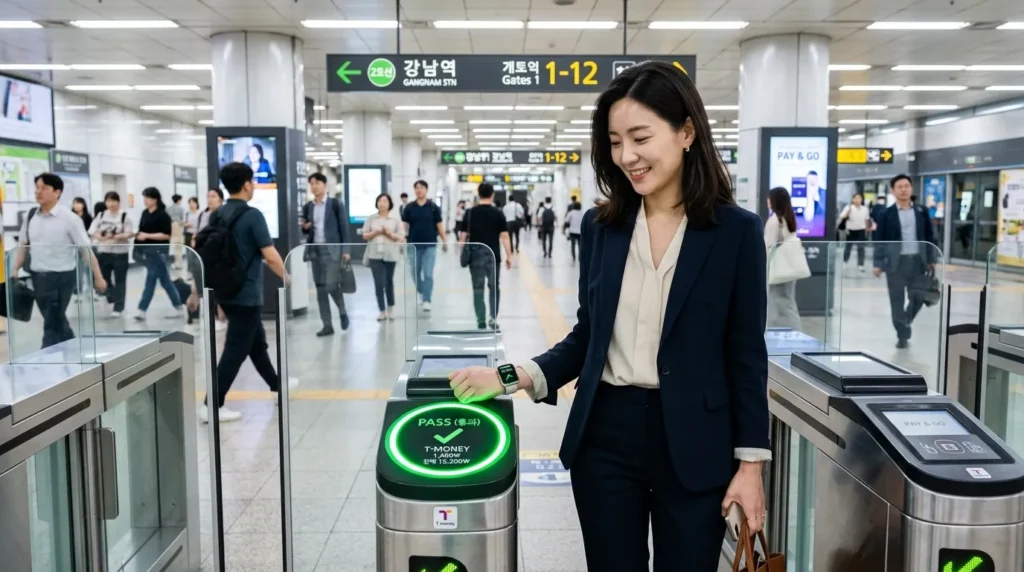 30대 한국 여성이 정장 차림으로 서울의 현대적인 지하철 개찰구에 애플 워치를 가볍게 터치하고 있습니다. 초록색 불이 켜지면서 빠르고 간편하게 결제가 완료되었음을 알립니다. 배경에는 분주하지만 깔끔한 지하철역의 모습이 보입니다.