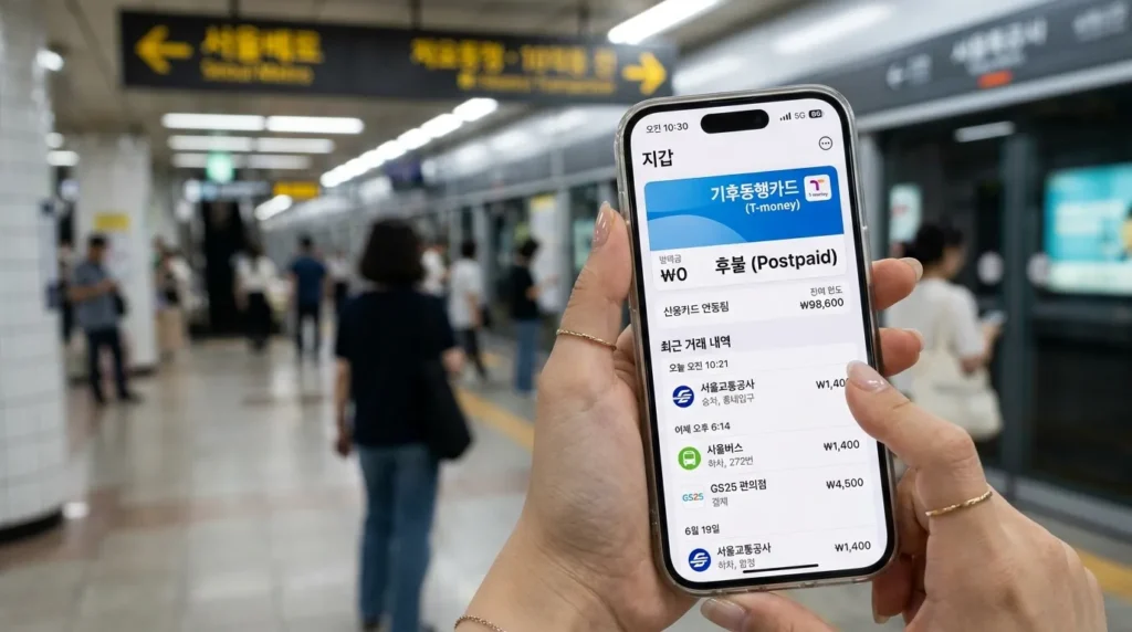 한국 여성의 손이 아이폰을 들고 있는 모습이 클로즈업되어 있습니다. 애플 월렛 앱 화면에는 새로 설정된 티머니 카드가 표시되고, '후불' 상태와 최근 거래 내역이 나타납니다. 인터페이스는 깔끔하고 현대적입니다.