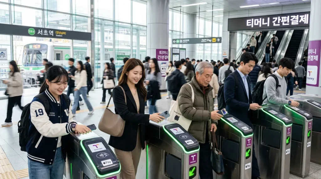 다양한 한국 통근자들(젊은 직장인, 학생, 노인)이 현대적인 대중교통 시스템을 원활하게 이용하고 있습니다. 각자 애플 기기를 사용하여 빠르고 간편하게 결제하는 모습은 편리함과 효율성을 보여줍니다. 장면은 밝고 역동적입니다.