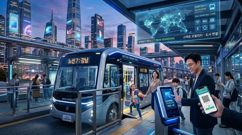 첨단 대중교통 시스템(자율주행 버스, 고속 열차 등)이 스마트 결제 기술과 완벽하게 통합된 미래형 도시 풍경이 펼쳐집니다. 모든 시스템은 연결성을 보여주는 디지털 스크린의 불빛 아래 자리하고 있습니다. 한 한국 가족이 통합 모바일 결제 시스템을 사용하여 미래형 교통수단에 탑승하고 있습니다.