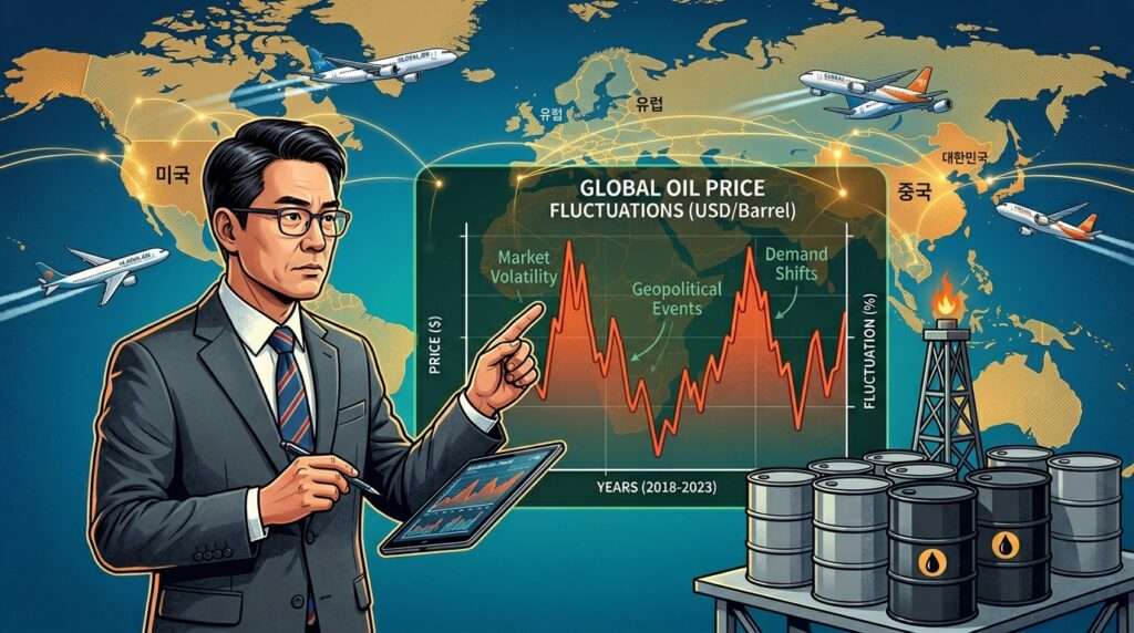 전 세계 석유 저장량과 비행하는 비행기들을 묘사한 그림으로, 유가 변동 그래프가 함께 표시되어 있습니다. 배경은 세계 지도로, 국제 여행과 글로벌 에너지 시장을 상징합니다. 한국인 분석가가 진지한 표정으로 그래프를 살펴보고 있습니다.