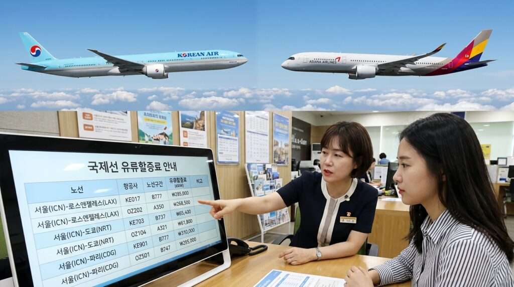 대한항공과 아시아나항공의 비행기 두 대가 나란히 비행하고 있습니다. 그 아래에는 다양한 국제 노선의 유류할증료를 보여주는 디지털 화면이 있습니다. 한국 여행사 직원이 화면을 가리키며 한국 고객에게 자세한 내용을 설명하고 있습니다.