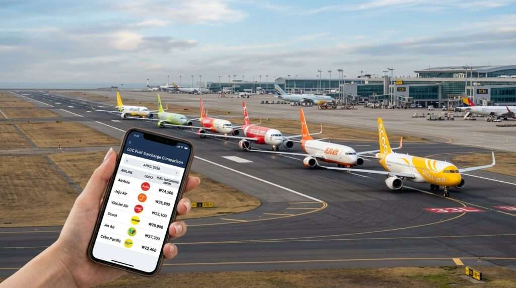 활주로에서 이륙을 준비하는 여러 대의 저가 항공사(LCC) 비행기들이 각기 다른 항공사 로고와 함께 모여 있습니다. 전경에는 스마트폰 화면이 보이는데, 2026년 4월의 다양한 LCC 유류할증료를 보여주는 비교 앱이 실행되고 있습니다. 한국인의 손이 스마트폰을 들고 있습니다.
