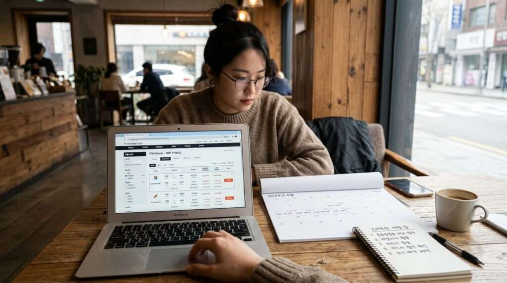 한국인 여행객이 노트북에 앉아 여행 예약 웹사이트에서 항공권 가격과 유류할증료를 비교하고 있습니다. 옆에는 4월 달력이 펼쳐져 있고, 메모장에는 한국어로 '스마트 여행 팁'이 적혀 있습니다. 분위기는 차분하고 집중되어 있다.