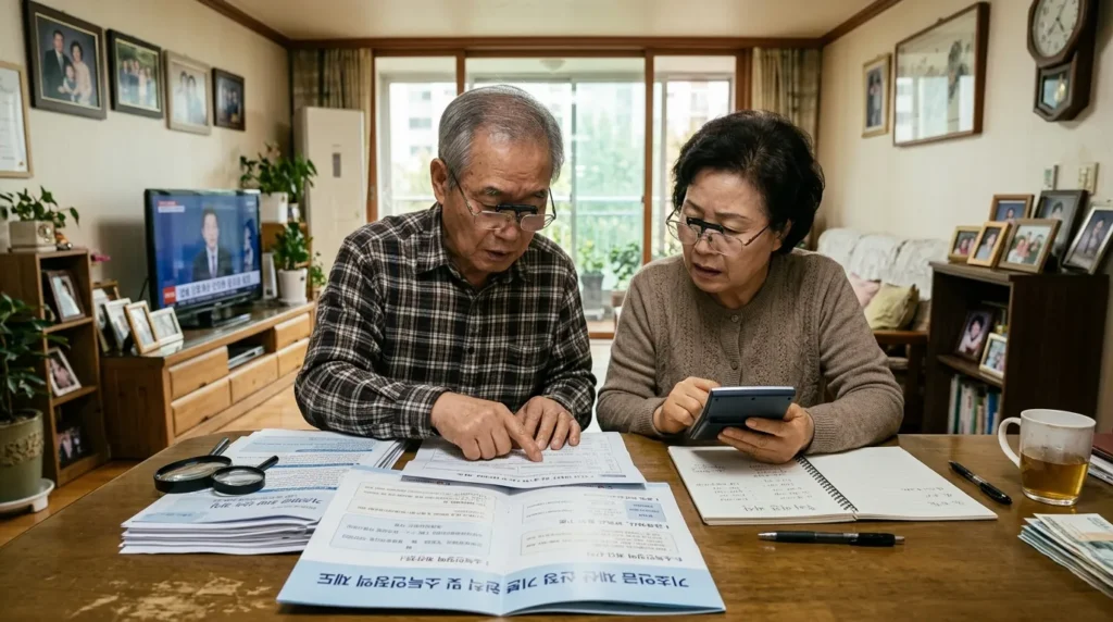 기초연금 재산 산정의 기본 원리와 소득인정액 체계 - 한국인 노부부가 거실 탁자에 앉아 돋보기를 쓰고 정부의 복지 안내 책자와 서류를 꼼꼼히 검토하며 계산기를 두드리는 모습