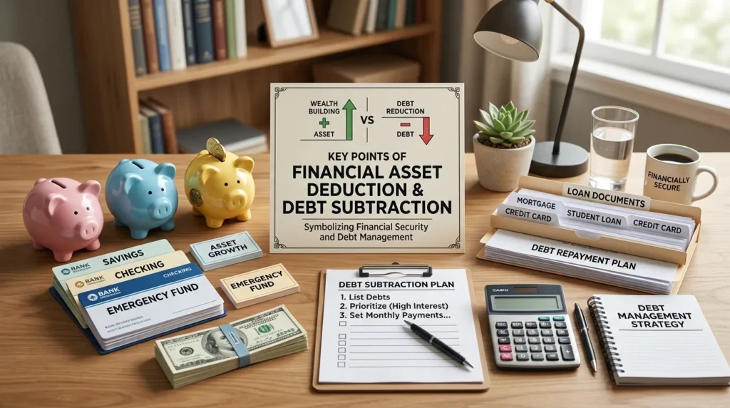 금융재산 공제와 부채 차감의 핵심 포인트 - 금전적인 여유와 부채 관리를 상징하는 저금통, 통장, 그리고 대출 관련 서류들이 깔끔하게 정리된 책상 위의 모습