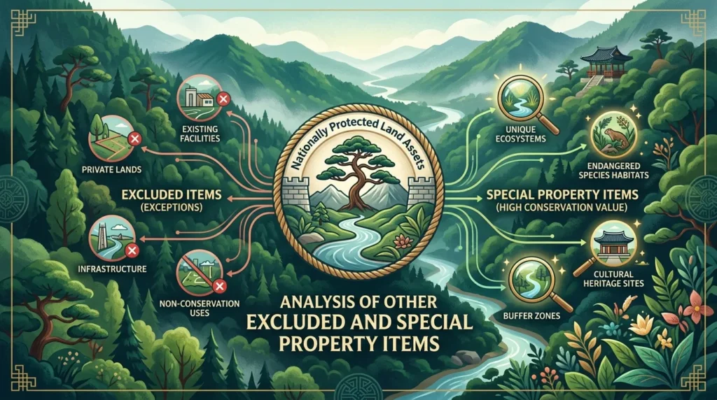 기타 산정 제외 및 특례 재산 항목 분석 - 한국의 울창한 산림과 보존 가치가 높은 자연 경관을 배경으로 하여 국가적으로 보호받는 토지 자산을 상징함