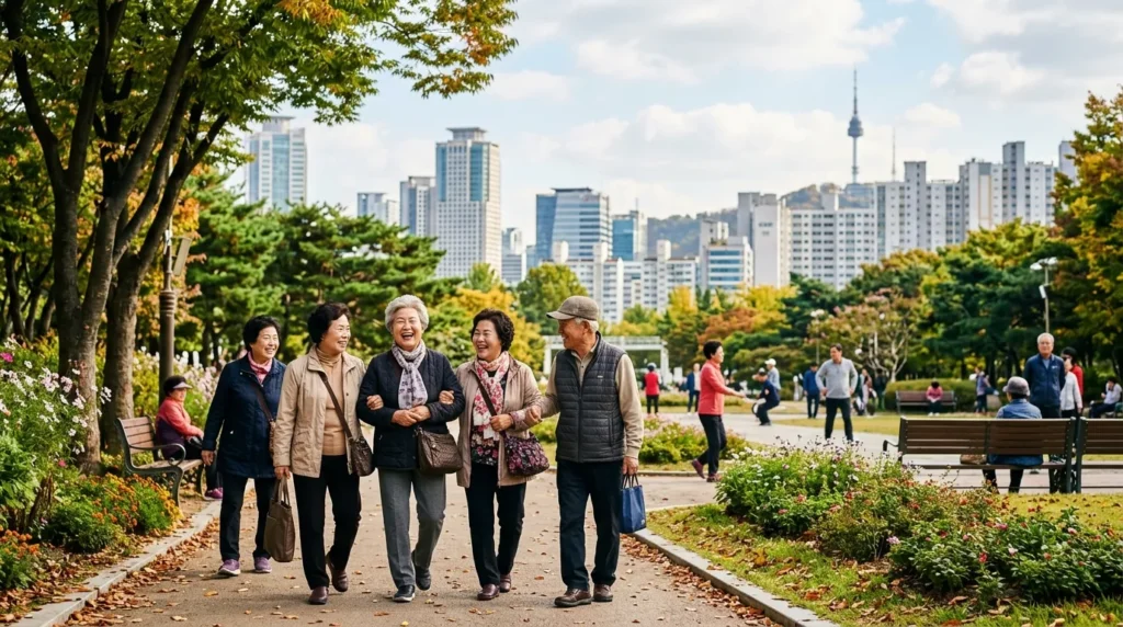 한국의 고령화 사회를 상징하는 이미지. 노인들이 공원에서 함께 웃으며 산책하거나 담소를 나누는 모습, 그리고 그들 뒤로 빌딩과 도시 풍경이 보이는 전경. 노년의 삶의 질과 사회적 지원의 중요성을 강조한다.