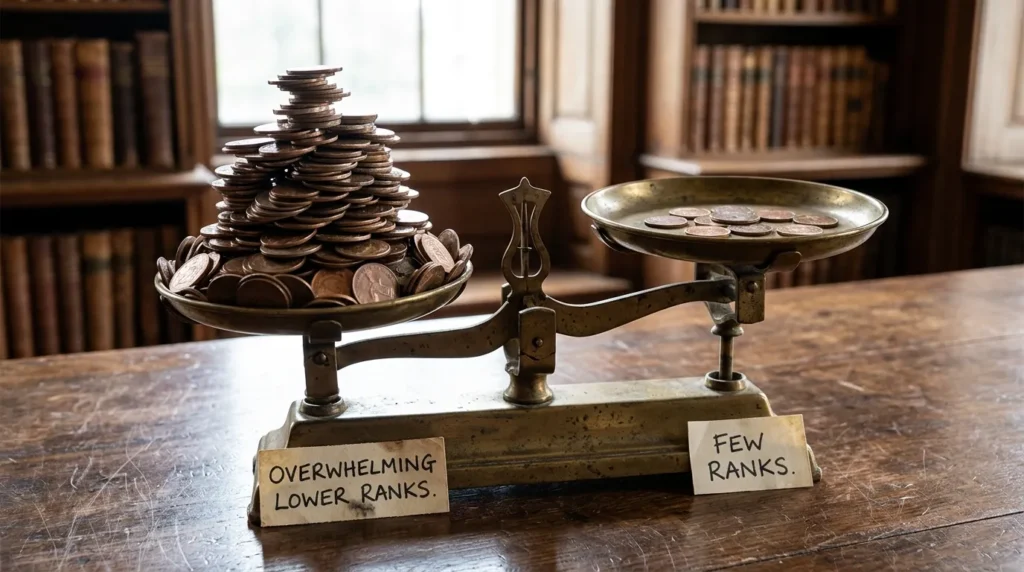 저울 위에 한쪽에는 동전 더미가 높이 쌓여 있고 다른 한쪽에는 소수의 동전이 놓여 있어 '하후상박'의 개념을 시각적으로 표현한다. 저울의 균형은 사회적 형평성을 상징한다.