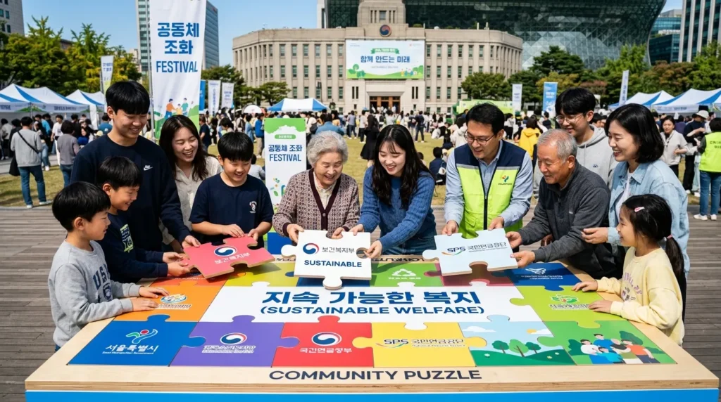 다양한 연령대의 한국인들이 함께 모여 정부 기관의 로고와 '지속 가능한 복지'라는 문구가 적힌 큰 퍼즐 조각들을 맞춰가는 모습. 조화롭고 협력적인 사회의 비전을 표현한다.