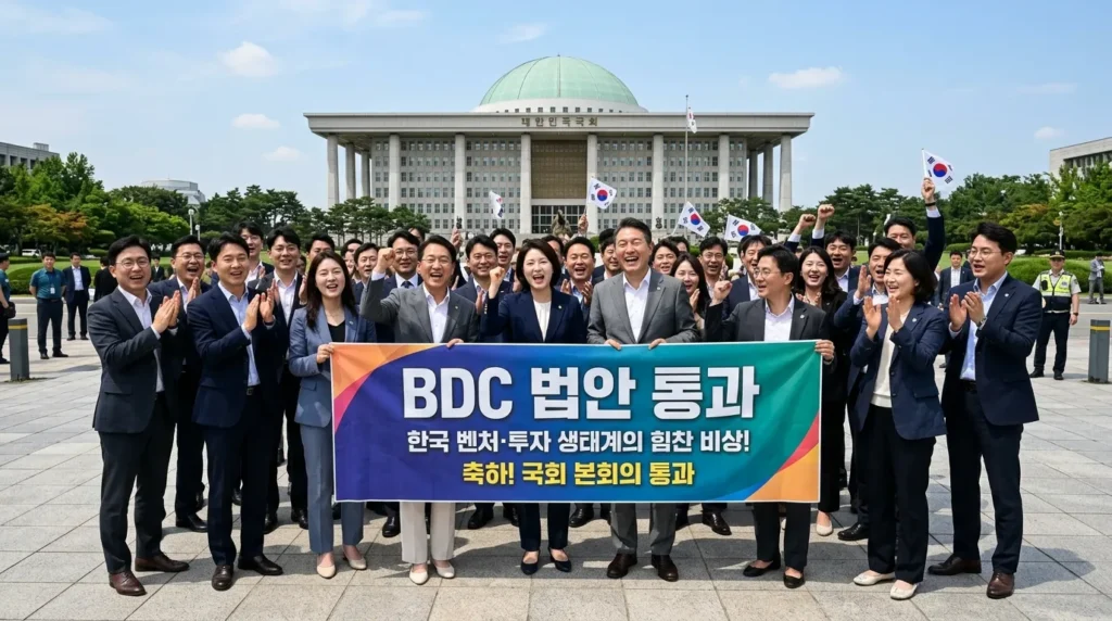 한국 국회 의사당 앞에서 한글로 'BDC 법안 통과'라고 쓰인 플래카드를 들고 기뻐하는 한국인 투자자들과 벤처 기업 대표들. 밝고 희망찬 분위기이다.