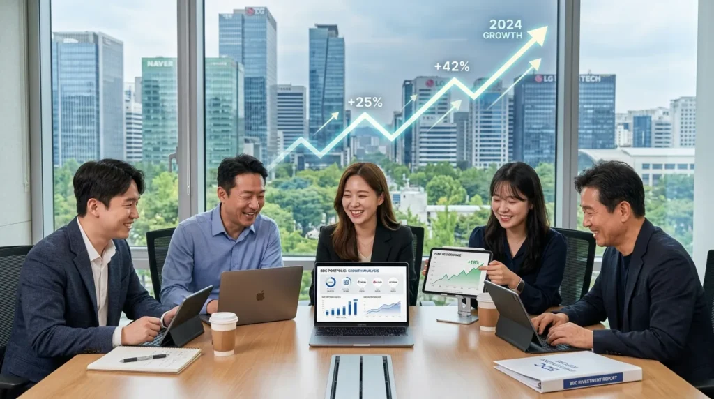 여러 명의 한국인 투자자들이 노트북과 태블릿으로 BDC 투자 포트폴리오를 분석하며 환한 미소를 짓고 있다. 뒤편에는 성장하는 기업들을 상징하는 빌딩 스카이라인과 상승하는 그래프가 보인다.