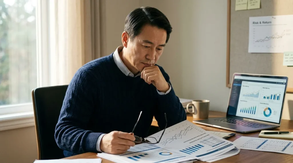 한국인 투자자가 복잡한 그래프와 재무제표를 주의 깊게 살피며 BDC 투자 결정에 대한 신중한 표정을 짓고 있다. 뒤편에는 'Risk & Return' 문구가 흐릿하게 보인다.