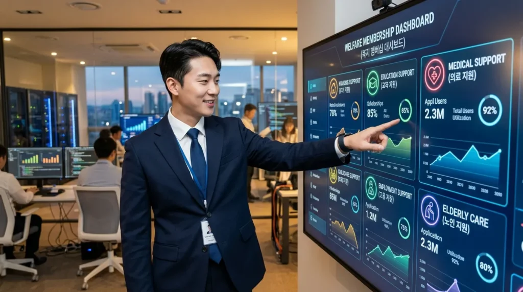 전문적인 한국인 남성 분석가가 주택, 의료, 교육 지원 등 다양한 혜택 아이콘이 표시된 '복지 회원 가입' 대시보드가 ​​있는 디지털 화면을 가리키고 있다. 현대적이고 첨단적인 분위기다.