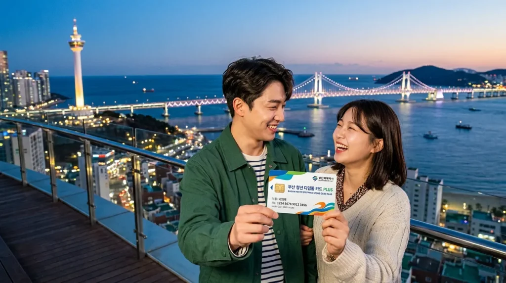 부산의 상징적인 건물들(예: 부산타워, 광안대교)을 배경으로, 밝은 표정의 젊은 한국인 남녀가 서로 미소 지으며 부산 청년 디딤돌 카드 PLUS 카드를 들고 있는 모습. 활기차고 희망찬 분위기.