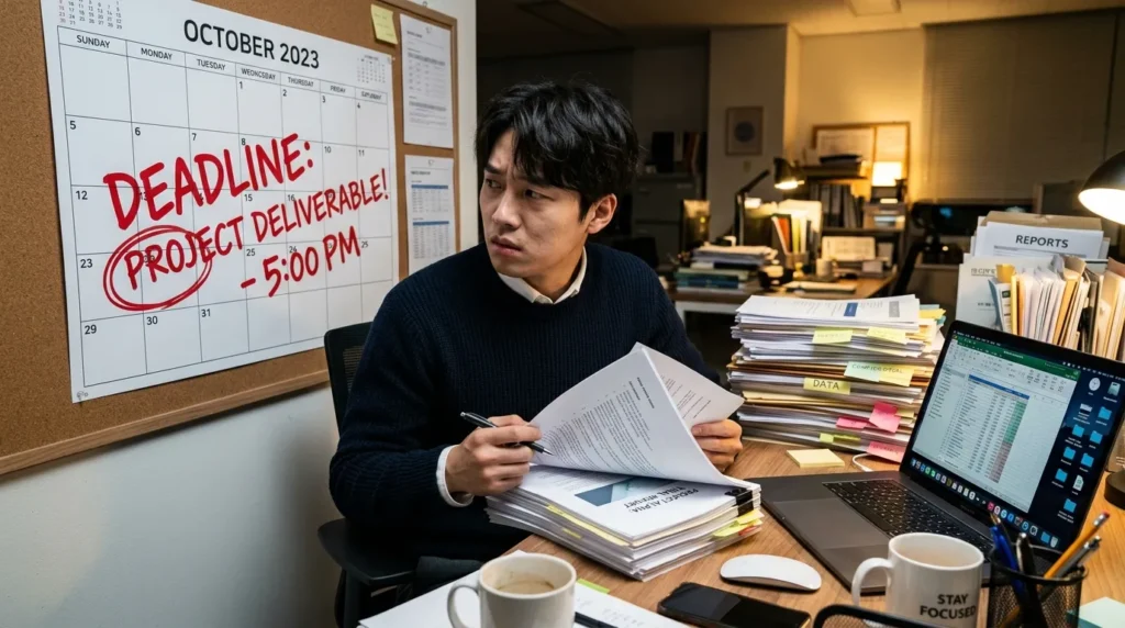 캘린더에 빨간색으로 마감일이 크게 표시되어 있고, 그 옆에 서류 더미와 노트북이 놓여 있는 책상 풍경. 한 한국인 청년이 마감일을 보며 긴장된 표정으로 서류를 검토하는 모습.