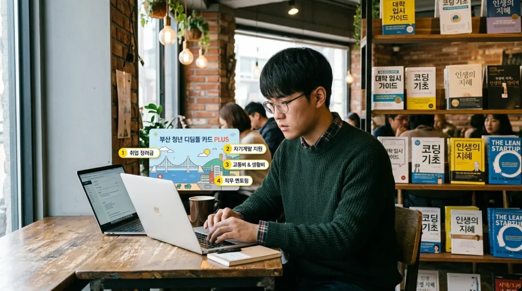 한 한국인 청년이 카페에서 노트북을 보며 공부하고, 옆에는 '부산 청년 디딤돌 카드 PLUS' 로고가 새겨진 카드가 놓여 있는 모습. 카드의 포인트가 숫자로 강조되어 보이며, 배경에는 다양한 교육 관련 서적들이 보인다.