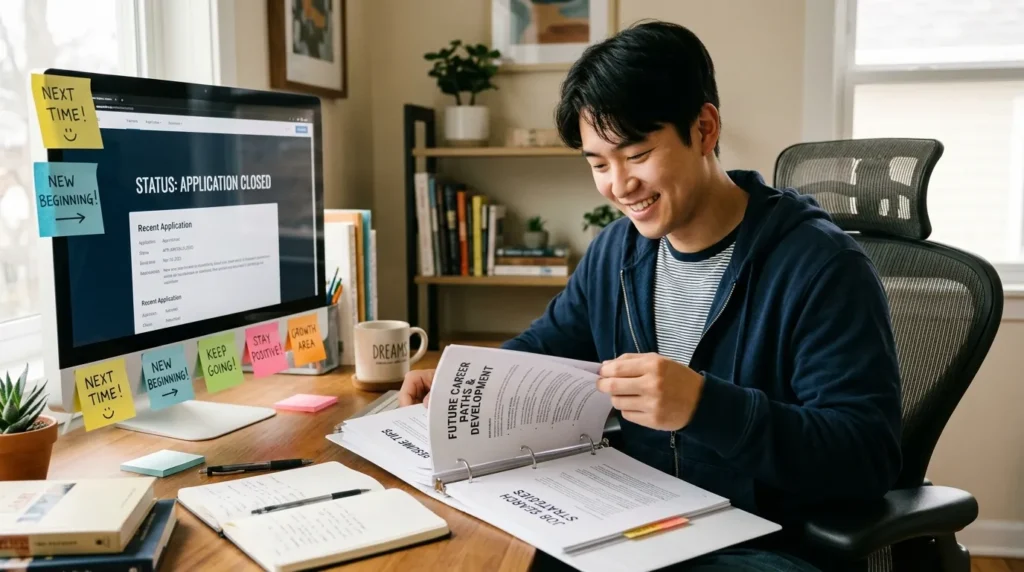 컴퓨터 화면에서 '신청 마감'이라는 문구가 보이지만, 그 옆으로 '다음 기회', '새로운 시작' 등의 긍정적인 메시지가 적힌 메모지들이 붙어있는 책상. 한 한국인 청년이 긍정적인 표정으로 다른 정책 자료를 찾아보는 모습.