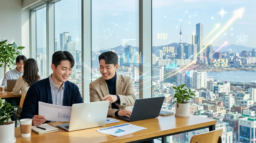 20대 후반에서 30대 초반의 한국인 청년들이 밝은 표정으로 서류를 검토하거나 노트북으로 정보를 찾아보는 모습. 그들 뒤로는 도시의 스카이라인과 희망찬 미래를 상징하는 그래픽 요소들이 어우러져 있다.