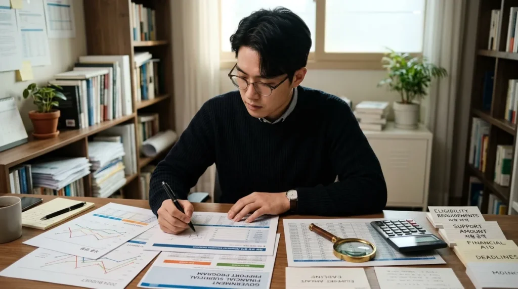 한국인 청년이 복잡한 도표와 서류들을 보며 자신의 재정 상황을 분석하는 모습. 주변에는 돋보기, 계산기, 그리고 '자격 요건' '지원 금액' 등의 키워드가 적힌 카드들이 배치되어 있다.